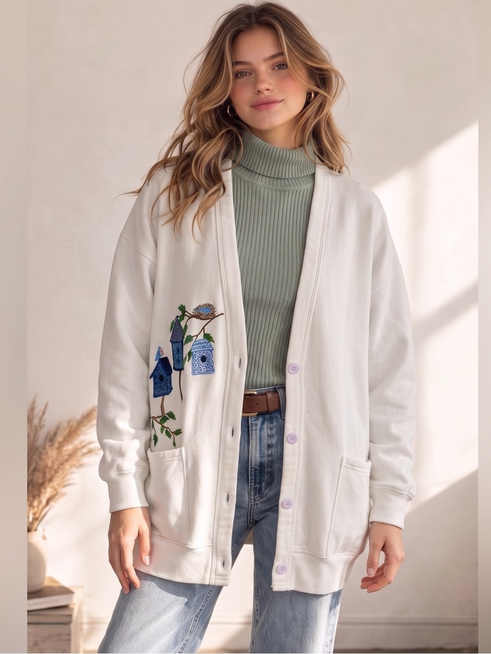 VINTAGE JERZEES Embroidered Birds Birdhouse Cardigan